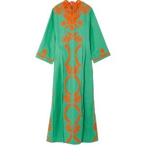 Gucci Linen Aqua Green Orange Embroidered Caribbean Kaftan Long Maxi Dress
